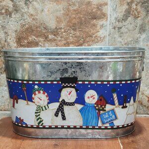 Galvanized Metal Tin Tub Bucket Wrap Around Painted Snowman Design Let It Snow